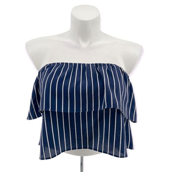 Forever 21 Women’s Navy Blue Striped Off The Shoulder Flowy Crop Top Small - Picture 1 of 12